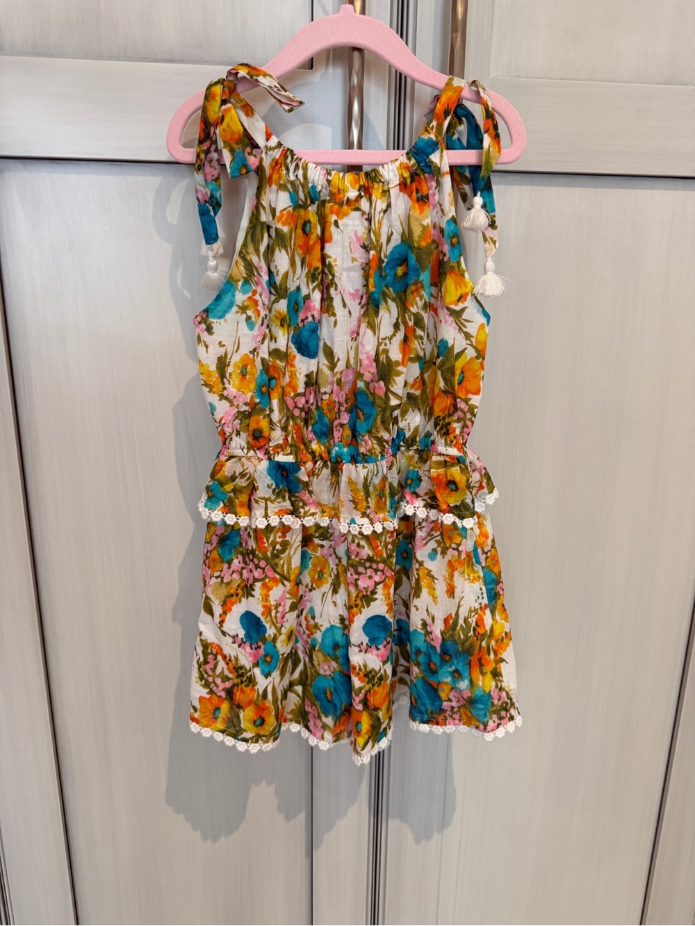 Zimmermann Floral Tie-Shoulder Romper in White, Blue, Yellow & Pink